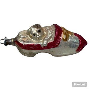 Vintage Germany Mercury Glass Christmas Ornament Kitty Cat In Shoe Red Gold 4"